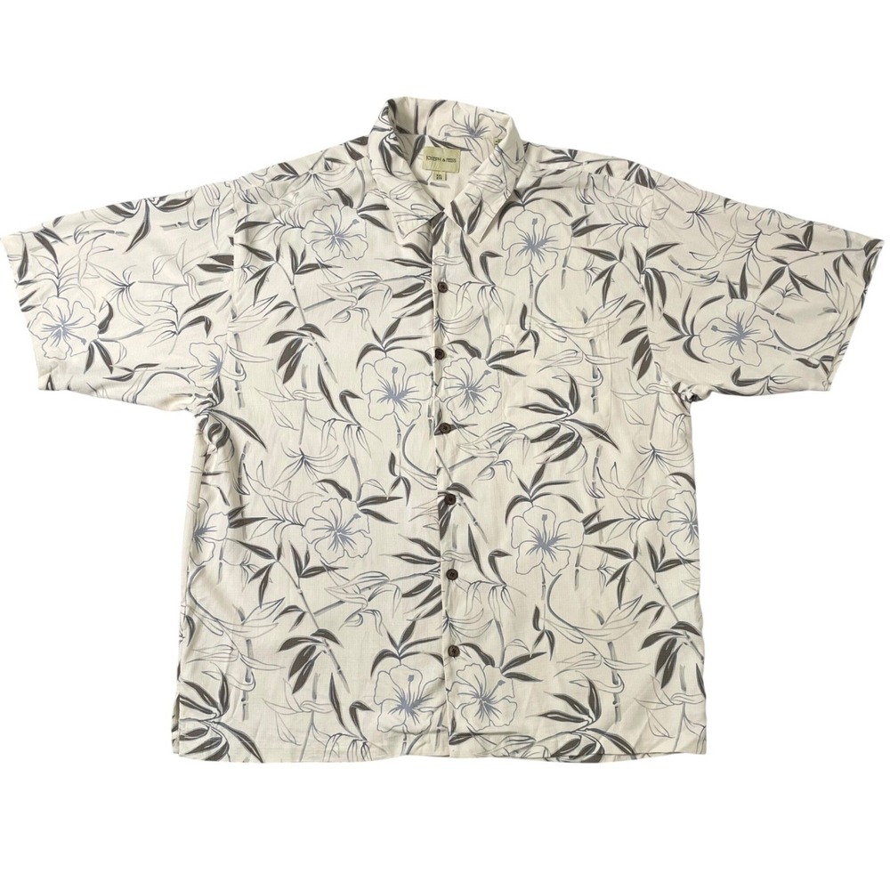 Joseph & Feiss Mens XXL 100% Silk Hawaiian Shirt Cream Grey Floral Bamboo Print